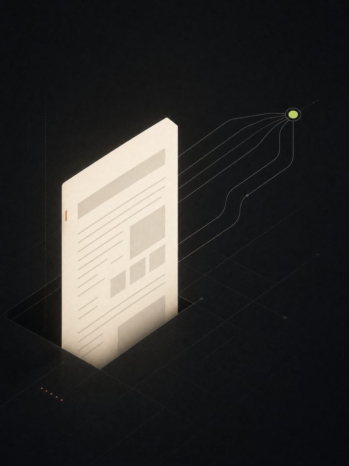 An abstract warm document pinned to a dark technical workspace